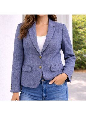 J.Crew Blue Herringbone Wool Blend Blazer Size 4 Gold Button Tailored Jacket